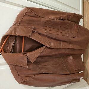 Mens Orange/Redish Brown Leather Jacket In Large